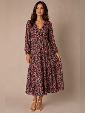 Zara Floral Midi Dress Black Pink Red Ruffle Tiered Cottagecore Size Small